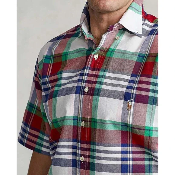 POLO RALPH LAUREN Men's Slim Fit Short Sleeve Oxford Shirt (Red White Multi, M)